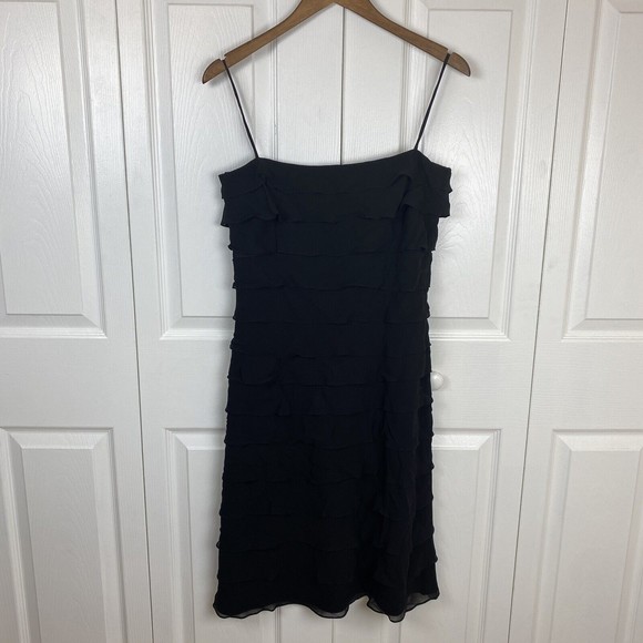 Tadashi Shoji Size 12 100% Silk Black Ruffle‎ Y2K Dress Sheath Tiered Sleeveless - Picture 1 of 6